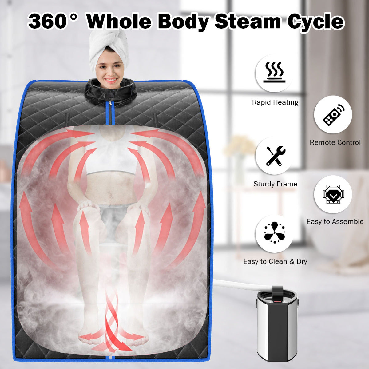 LIVSK Draagbare Stoomsauna - 1000W - 3L Capaciteit - 9 Temperatuurniveaus - Afstandsbediening - Veilig en Duurzaam - Zwart