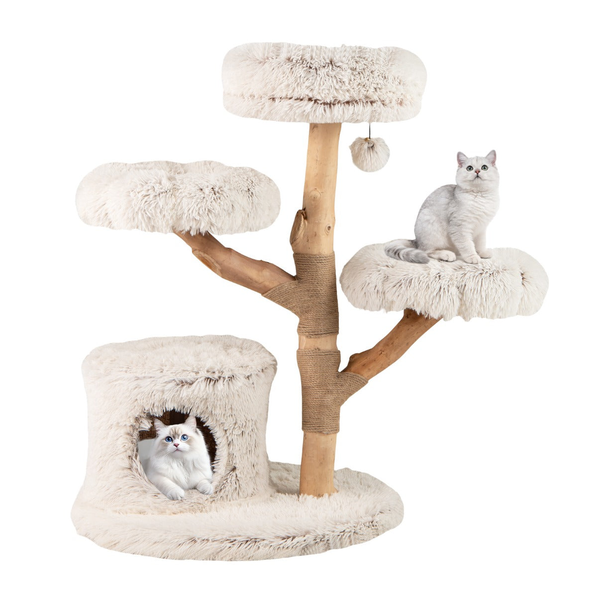 LIVSK Moderne Krabpaal met Bloemvormige Platforms - Massief Houten Stam - Pluche Stoffering - Speelse Jute - Touwen - Wit