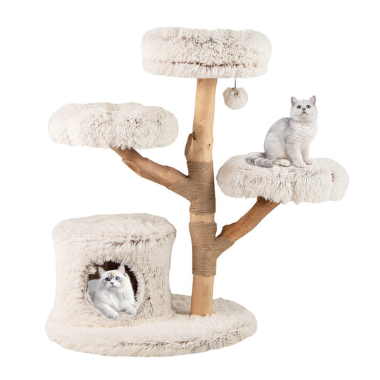 LIVSK Moderne Krabpaal met Bloemvormige Platforms - Massief Houten Stam - Pluche Stoffering - Speelse Jute - Touwen - Wit