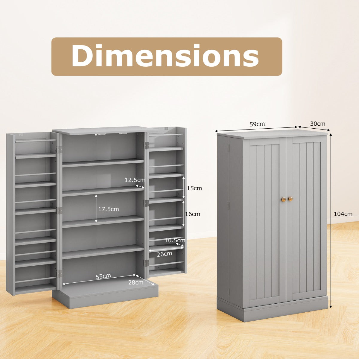 Livsk costway 104 cm hoge voorraadkast keukenkast met deuren en verstelbare planken vrijstaand buffet sideboard grijs 2