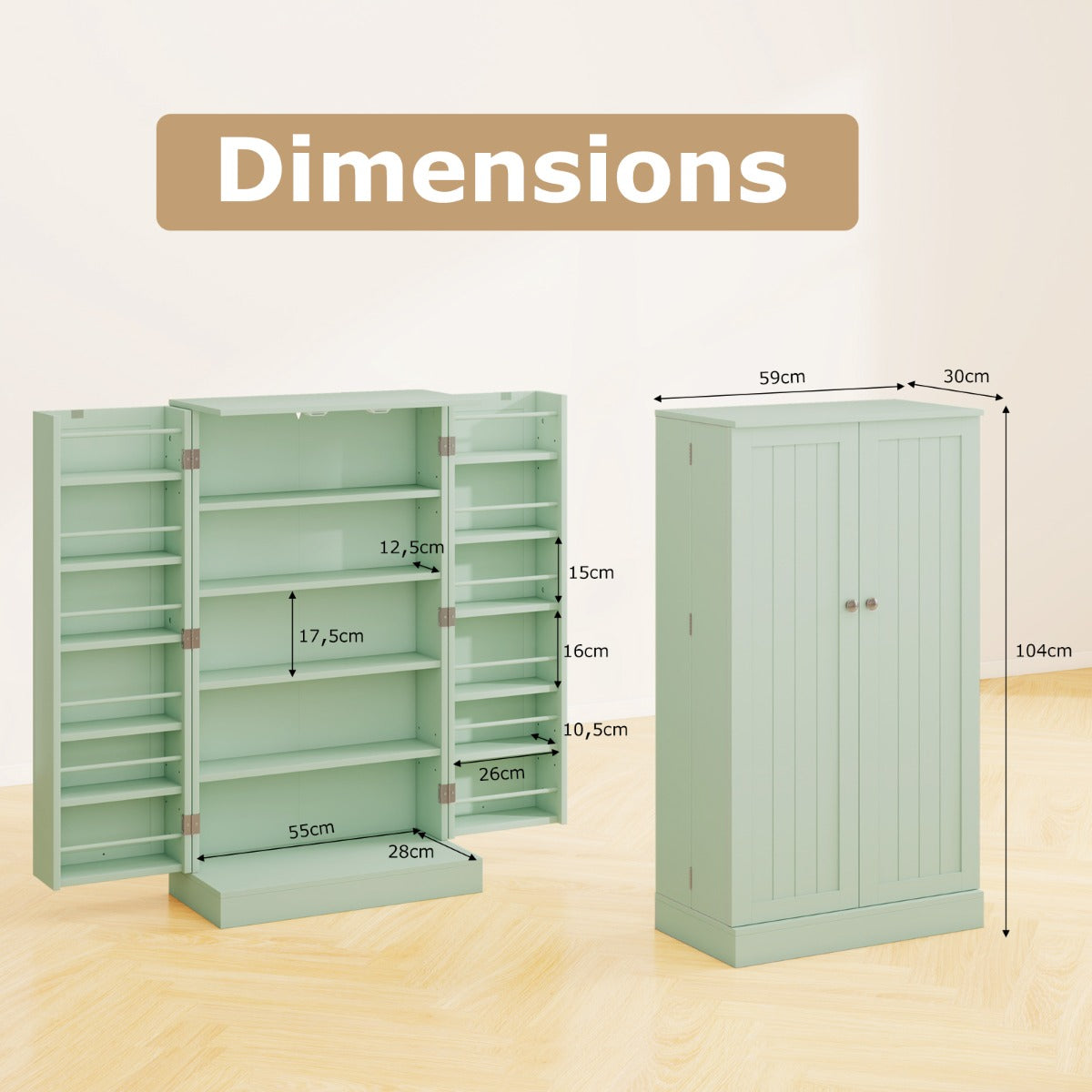 Livsk costway 104 cm hoge voorraadkast keukenkast met deuren en verstelbare planken vrijstaand buffet sideboard groen 2 2