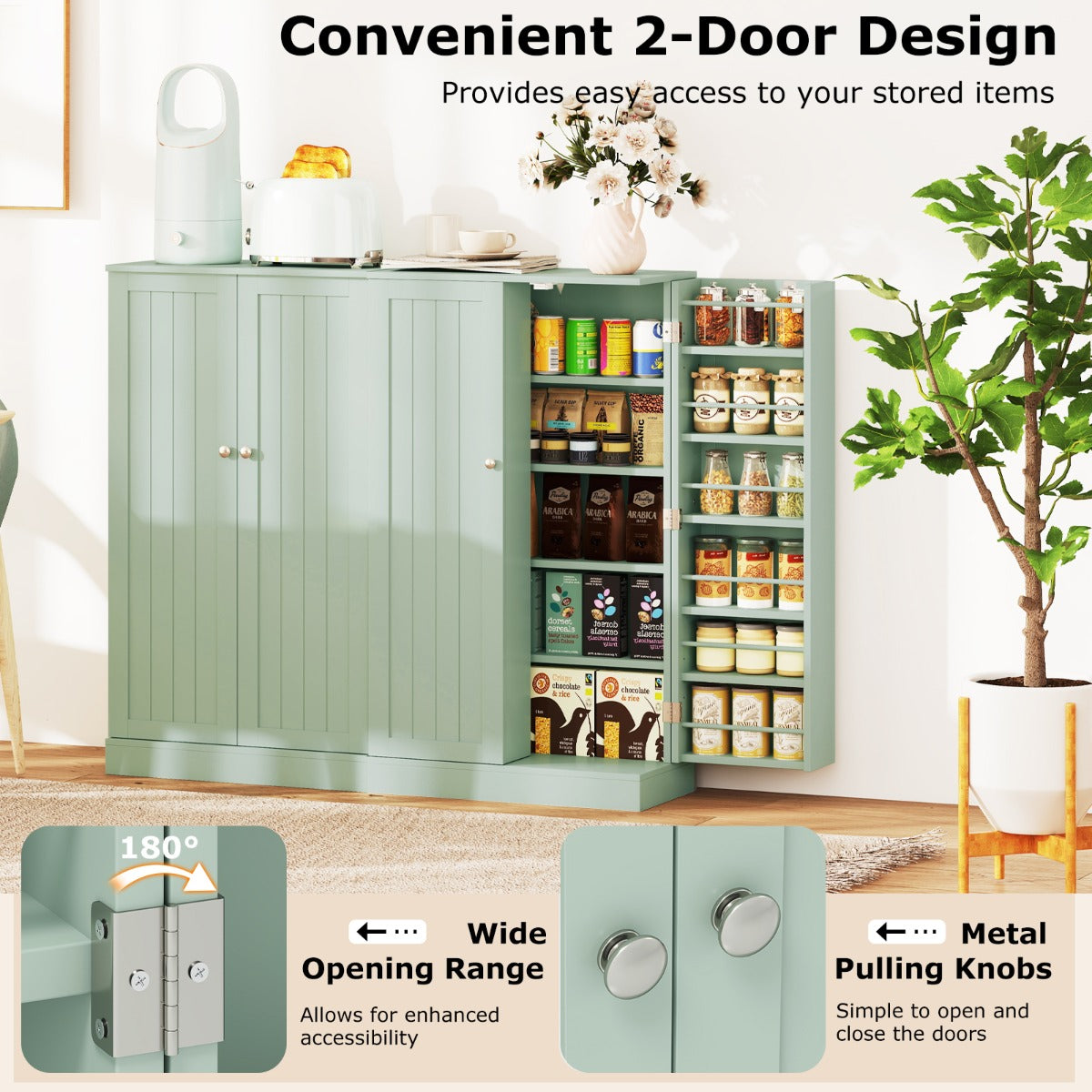 Livsk costway 104 cm hoge voorraadkast keukenkast met deuren en verstelbare planken vrijstaand buffet sideboard groen 5 2