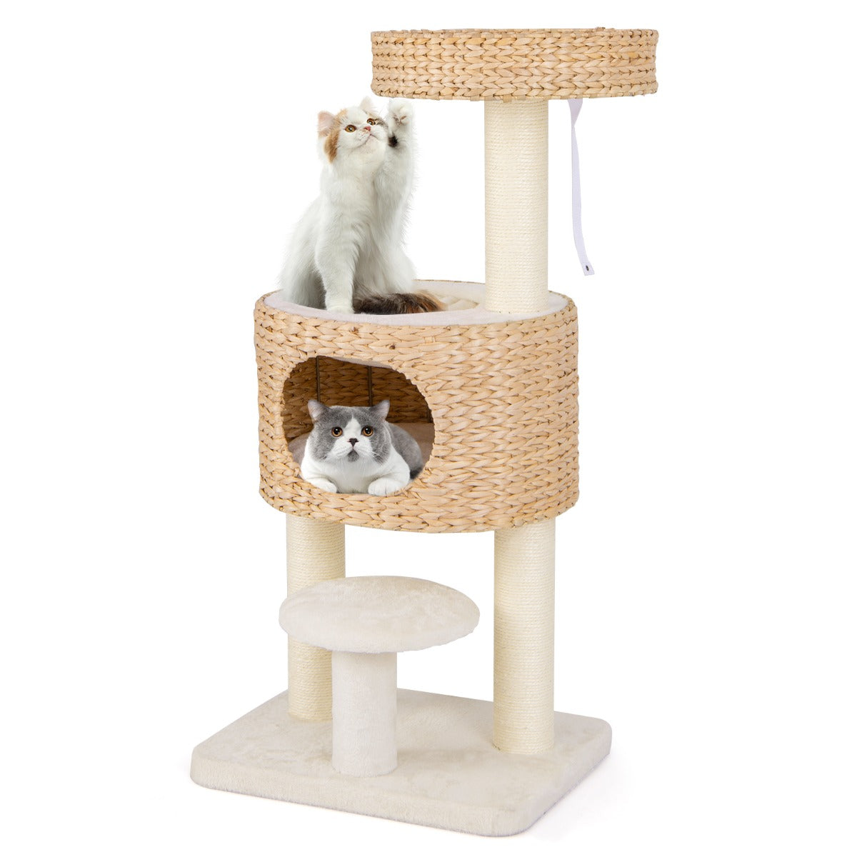 LIVSK Kattentoren - Interactief Speelgoed - Pluche Bed en Hol - Sisal Krabzuilen - Veilig en Stabiel - Beige + Naturel