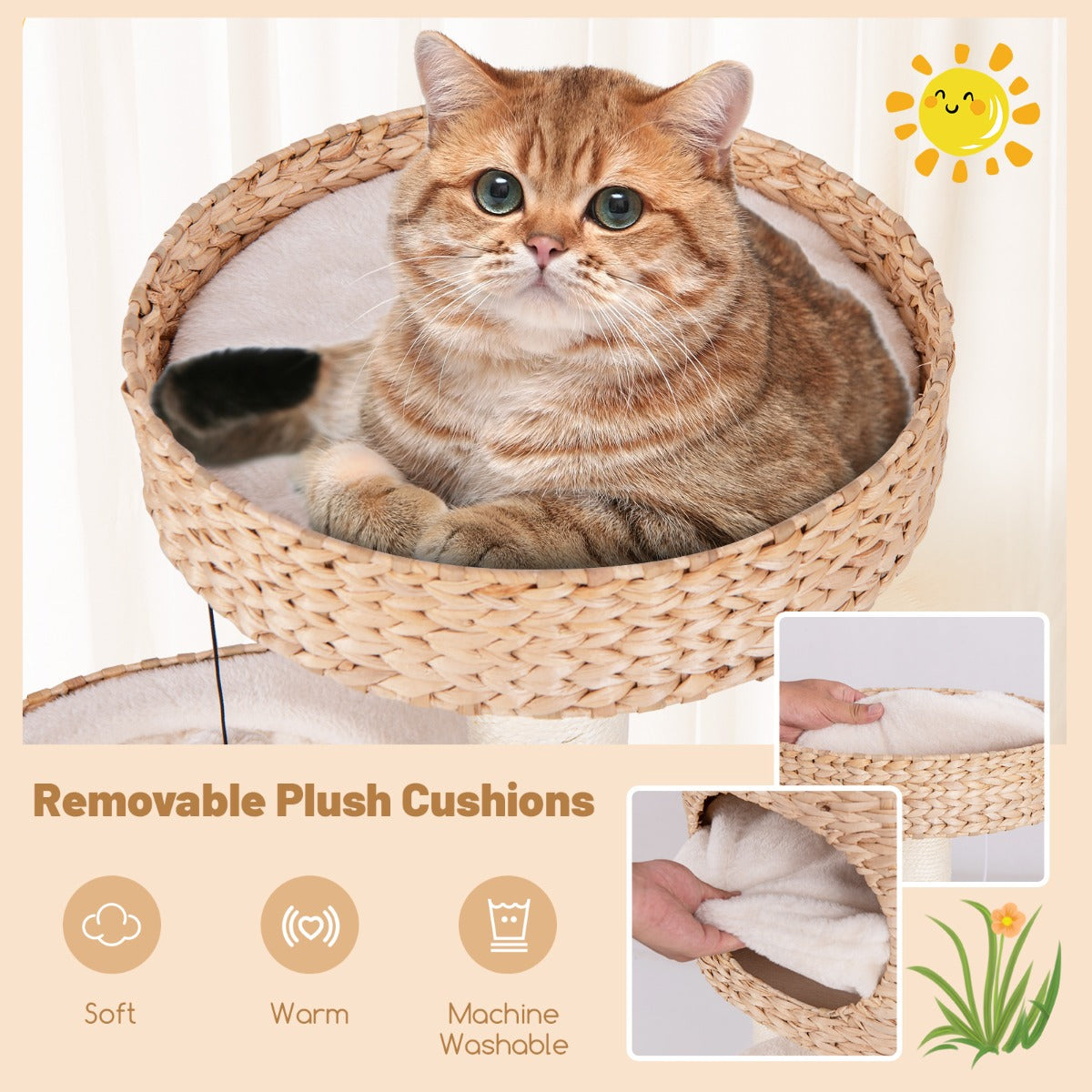 LIVSK Kattentoren - Interactief Speelgoed - Pluche Bed en Hol - Sisal Krabzuilen - Veilig en Stabiel - Beige + Naturel