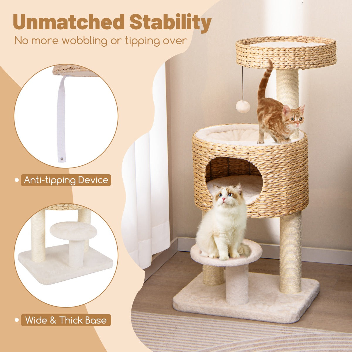 LIVSK Kattentoren - Interactief Speelgoed - Pluche Bed en Hol - Sisal Krabzuilen - Veilig en Stabiel - Beige + Naturel