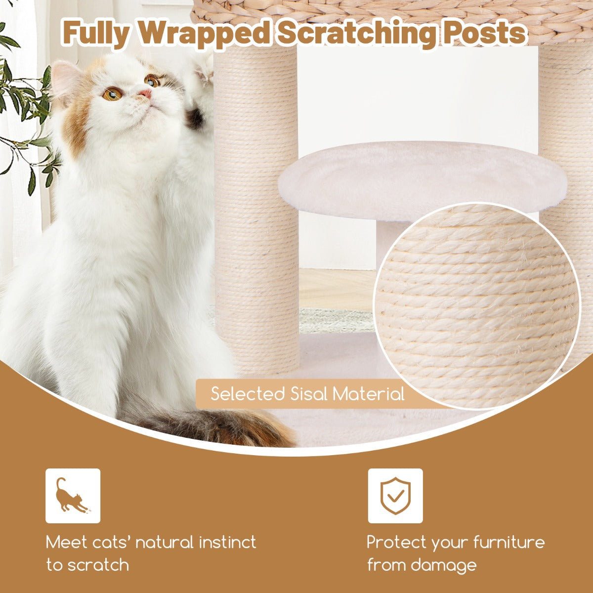 LIVSK Kattentoren - Interactief Speelgoed - Pluche Bed en Hol - Sisal Krabzuilen - Veilig en Stabiel - Beige + Naturel