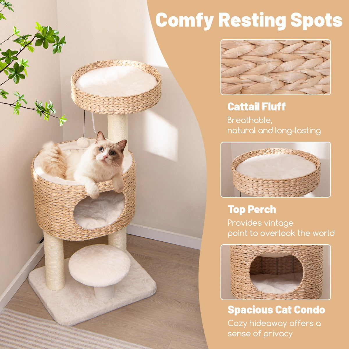 LIVSK Kattentoren - Interactief Speelgoed - Pluche Bed en Hol - Sisal Krabzuilen - Veilig en Stabiel - Beige + Naturel