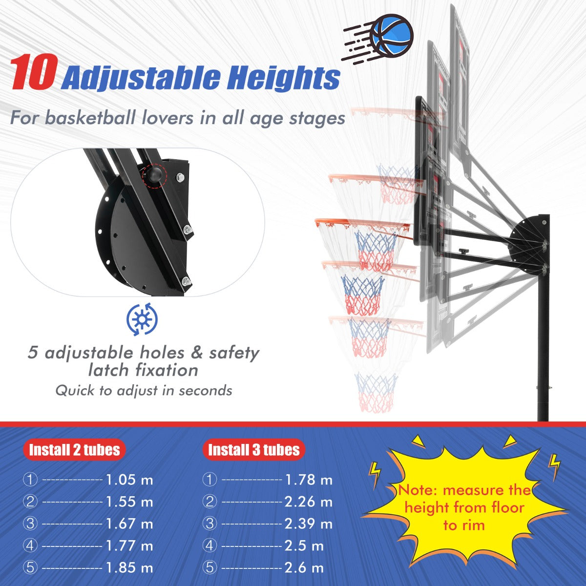 LIVSK Draagbare Basketbalring - Verstelbaar van 1,05m tot 2,60m - Onbreekbaar PET Bord - Vulbare Basis - 2 Wielen - Zwart