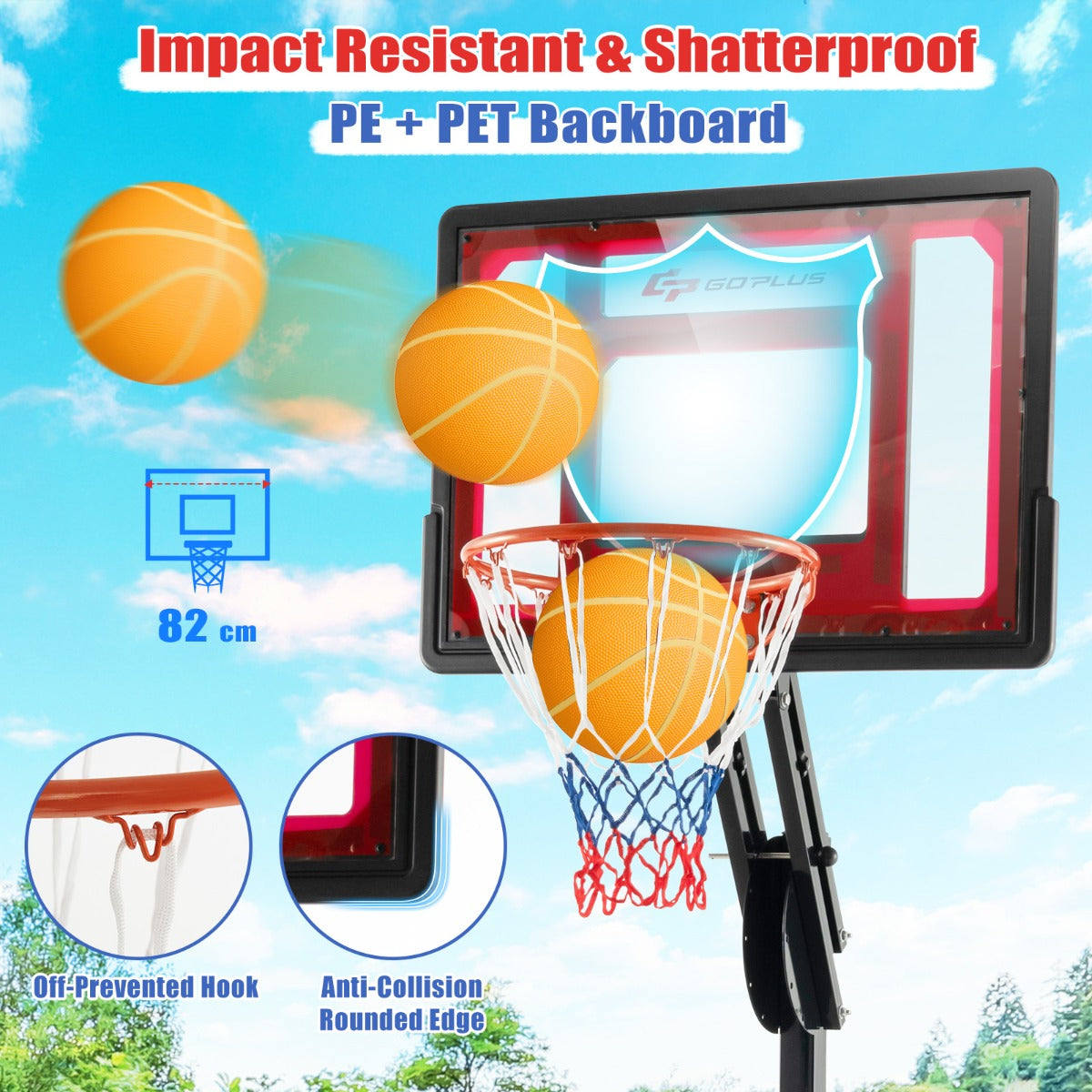 LIVSK Draagbare Basketbalring - Verstelbaar van 1,05m tot 2,60m - Onbreekbaar PET Bord - Vulbare Basis - 2 Wielen - Zwart