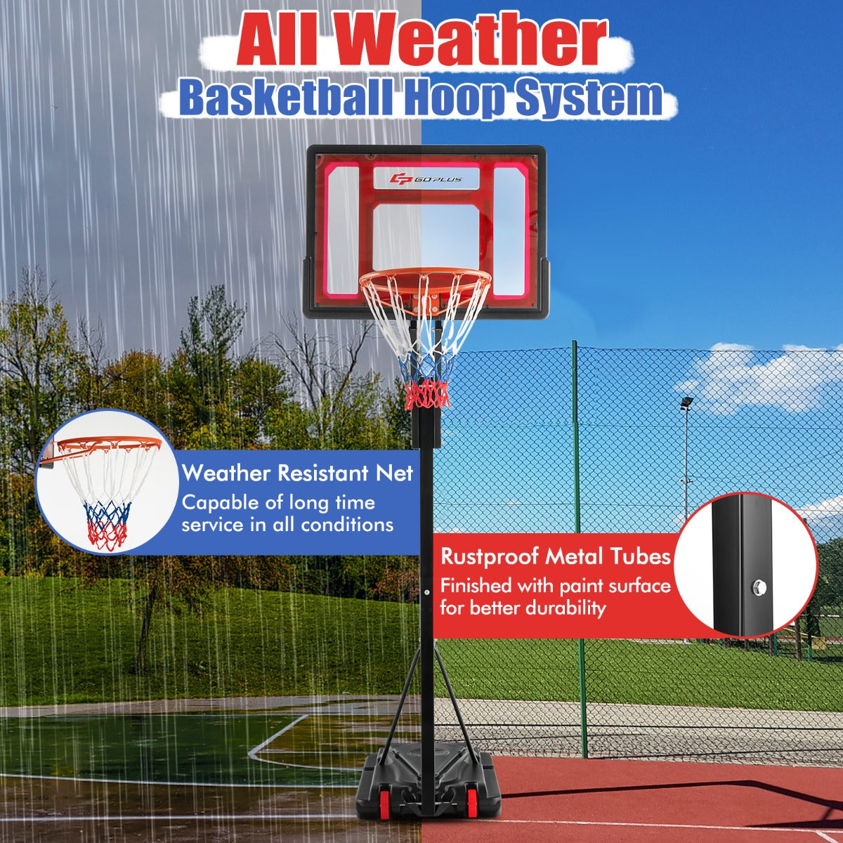 LIVSK Draagbare Basketbalring - Verstelbaar van 1,05m tot 2,60m - Onbreekbaar PET Bord - Vulbare Basis - 2 Wielen - Zwart