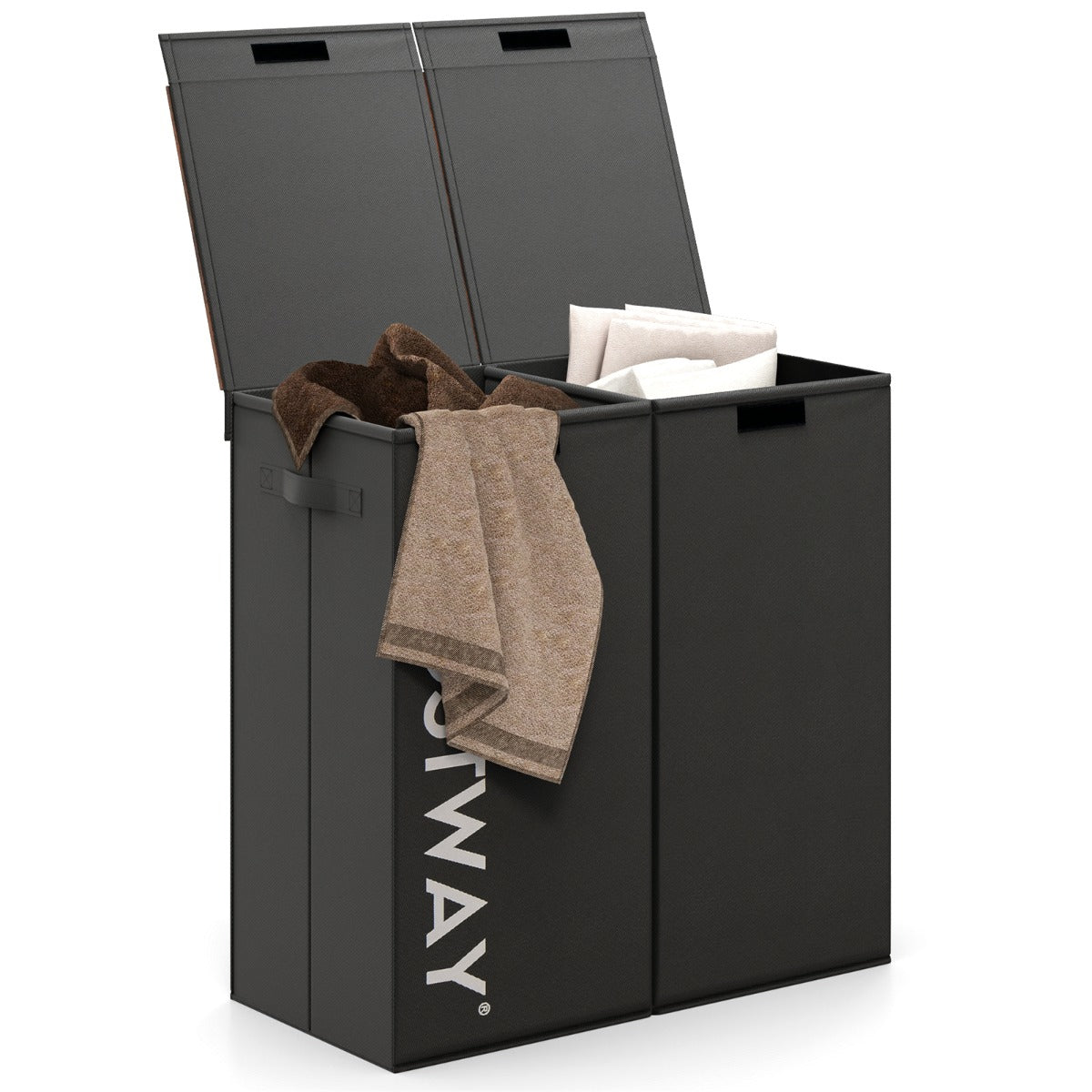 LIVSK 2-voudige wasmand met deksel - 105L - 2 uitneembare netzakken - Handgrepen - Waterdicht - Zwart + rustiek bruin