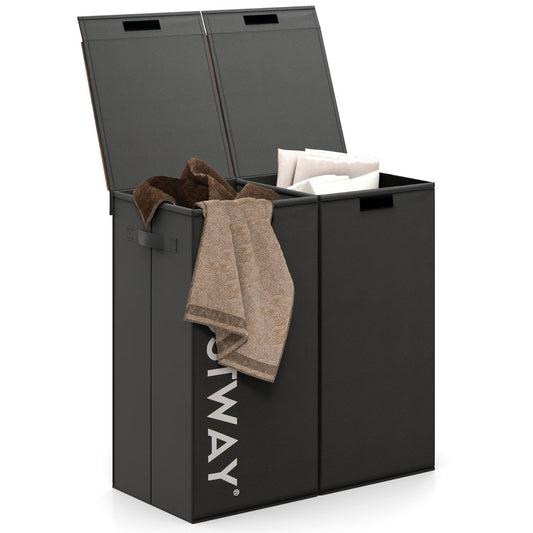 LIVSK 2-voudige wasmand met deksel - 105L - 2 uitneembare netzakken - Handgrepen - Waterdicht - Zwart + rustiek bruin