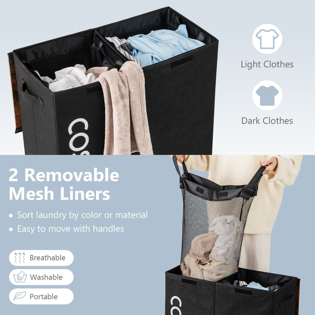LIVSK 2-voudige wasmand met deksel - 105L - 2 uitneembare netzakken - Handgrepen - Waterdicht - Zwart + rustiek bruin