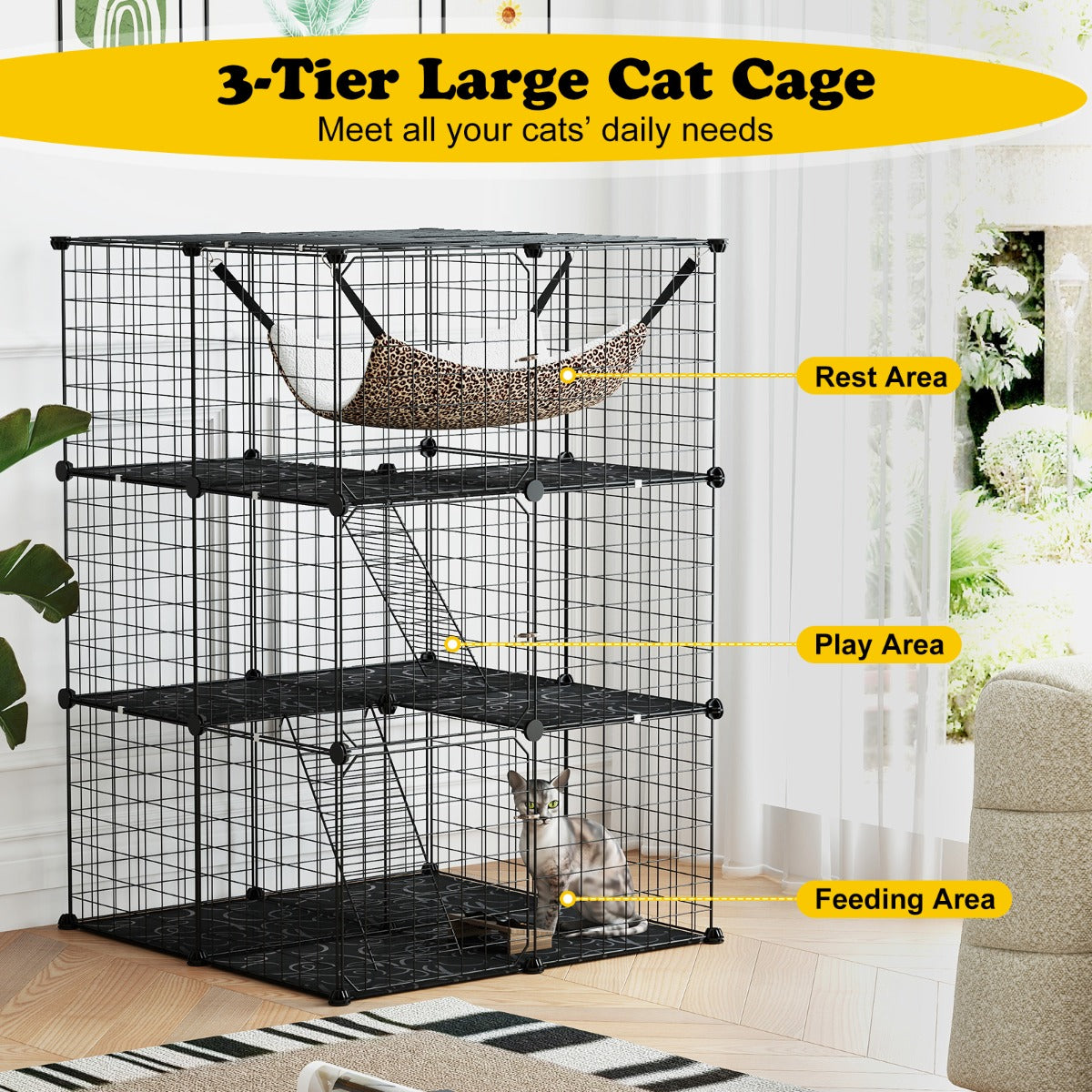 LIVSK Grote Kattenkooi met 3 Verdiepingen - Duurzaam PP en Metaal - Veilig met Kantelbeveiliging - Voor Katten en Kleine Dieren -