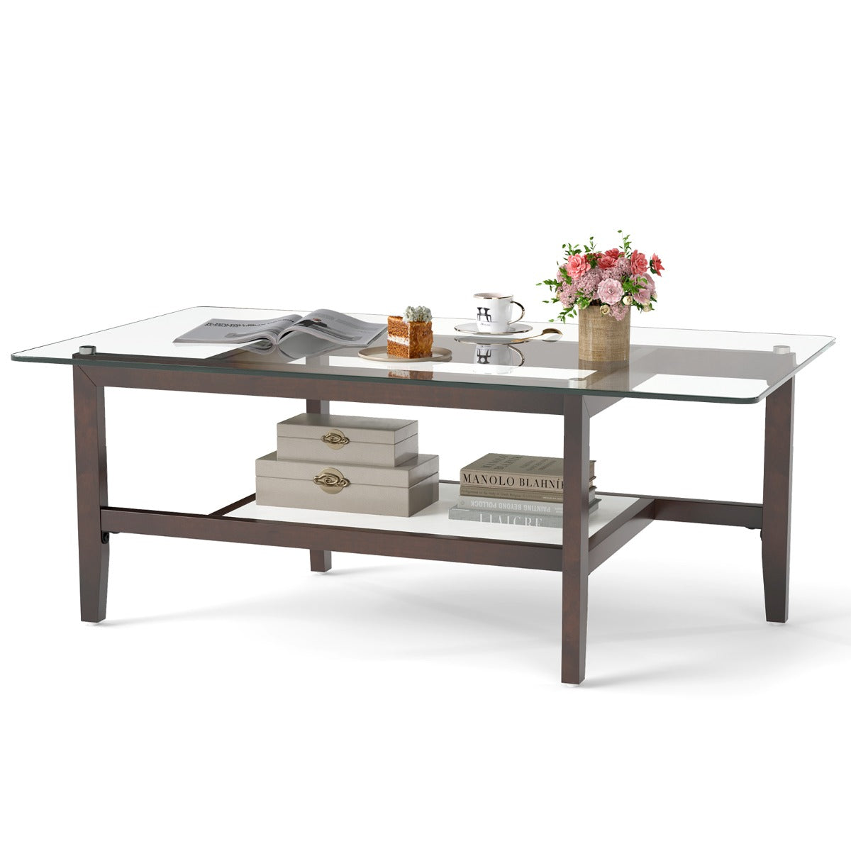 LIVSK Salontafel met Opbergplank - Gehard Glas - Rubberhouten Poten - 107 x 60 x 42 cm - Duurzaam en Elegant - Transparant en