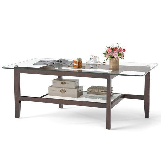 LIVSK Salontafel met Opbergplank - Gehard Glas - Rubberhouten Poten - 107 x 60 x 42 cm - Duurzaam en Elegant - Transparant en