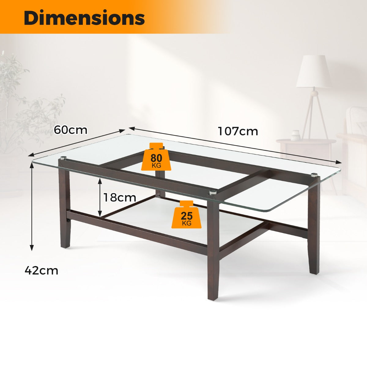 LIVSK Salontafel met Opbergplank - Gehard Glas - Rubberhouten Poten - 107 x 60 x 42 cm - Duurzaam en Elegant - Transparant en