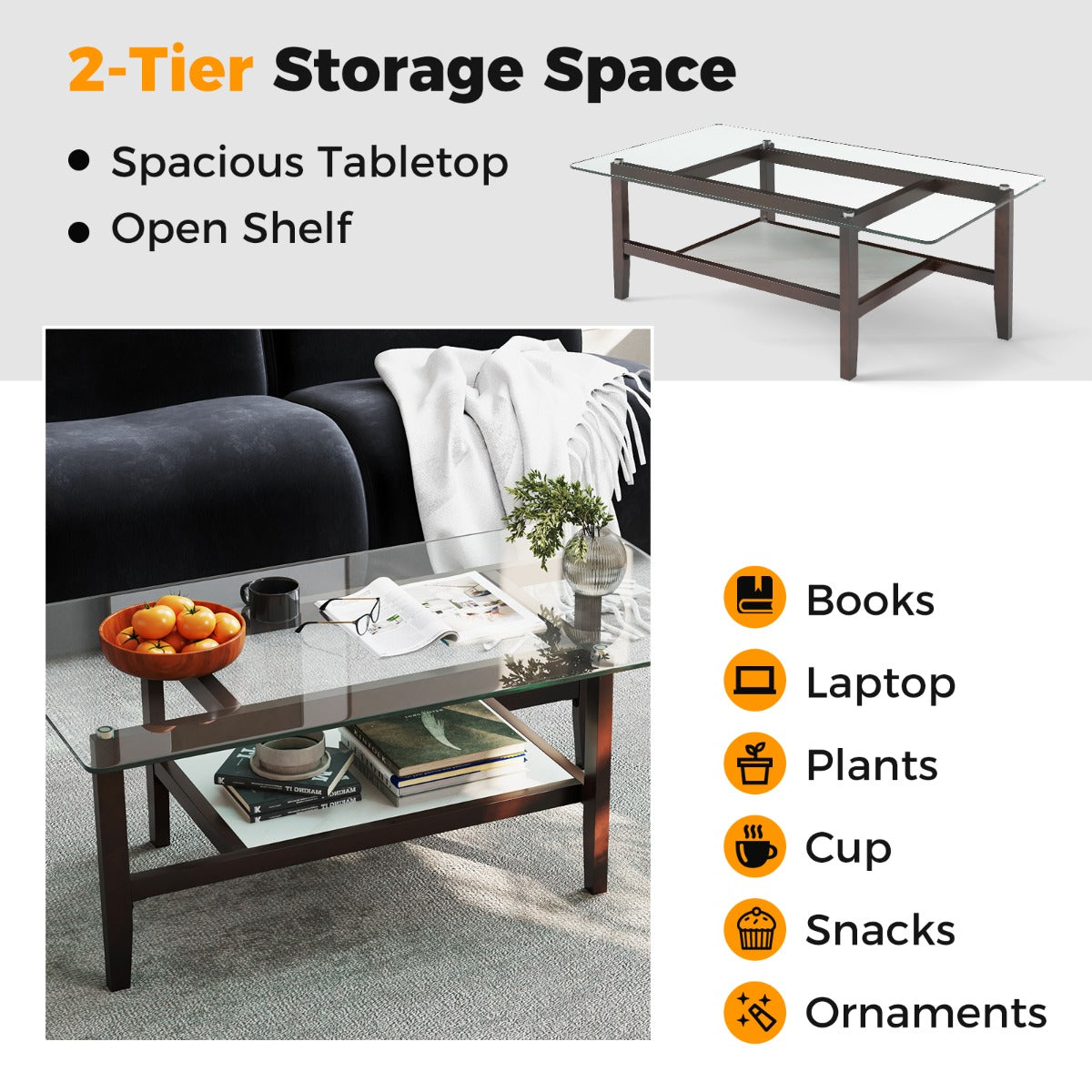 LIVSK Salontafel met Opbergplank - Gehard Glas - Rubberhouten Poten - 107 x 60 x 42 cm - Duurzaam en Elegant - Transparant en