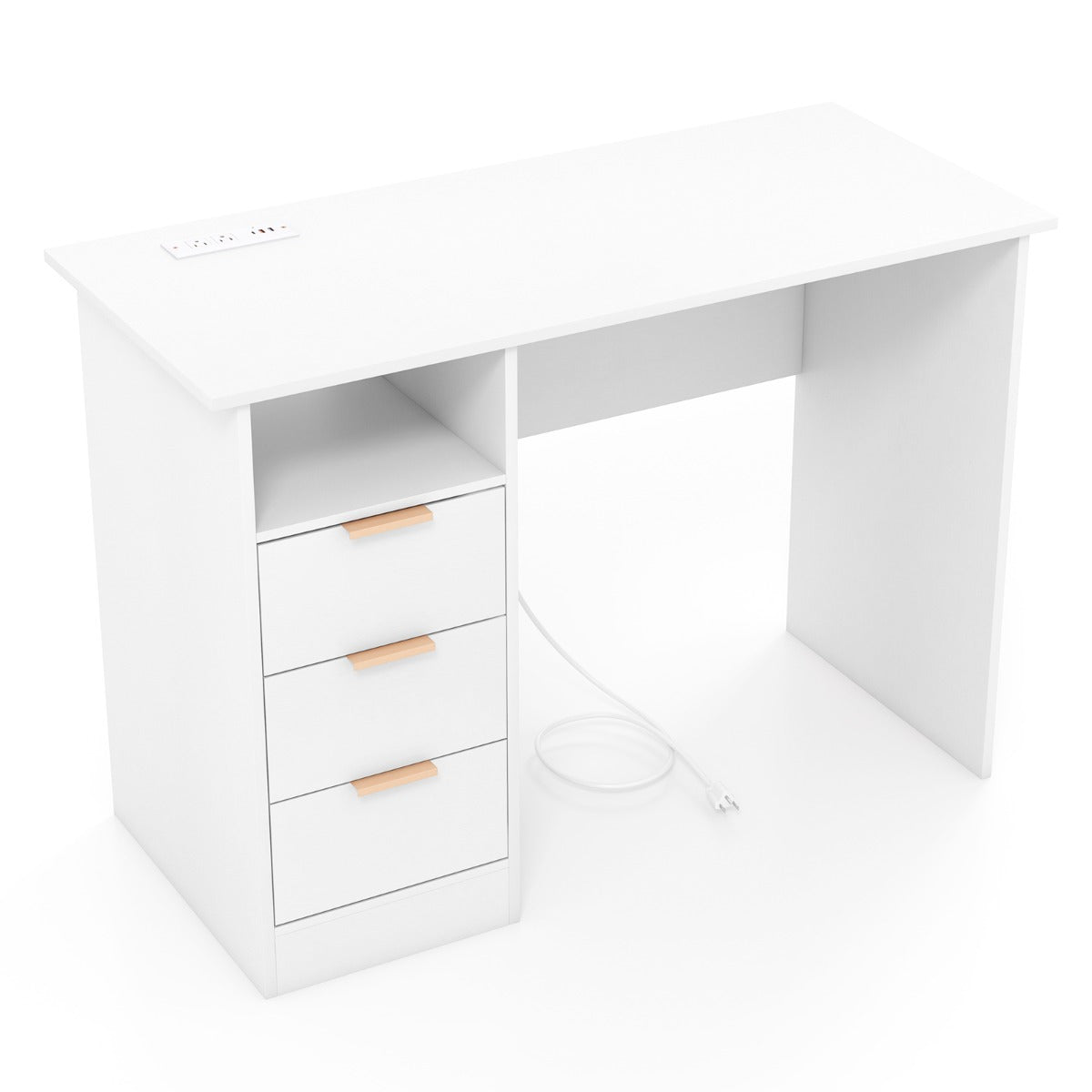LIVSK Bureau met Geïntegreerd Oplaadstation - 3 Lades - Open Opbergplank - Tot 135 kg - Wit en goud
