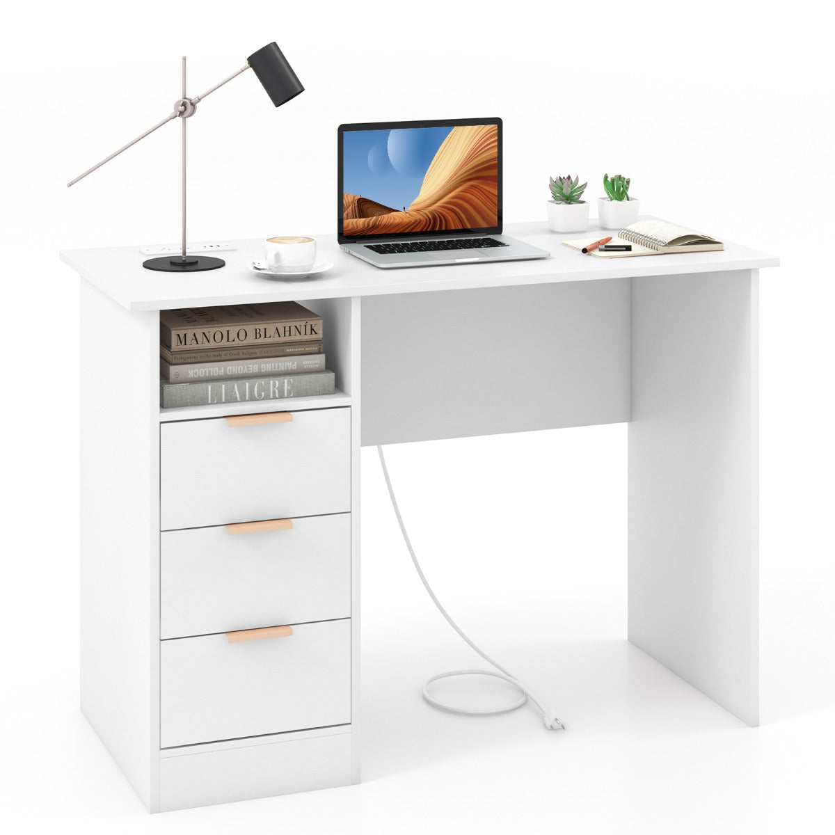 LIVSK Bureau met Geïntegreerd Oplaadstation - 3 Lades - Open Opbergplank - Tot 135 kg - Wit en goud