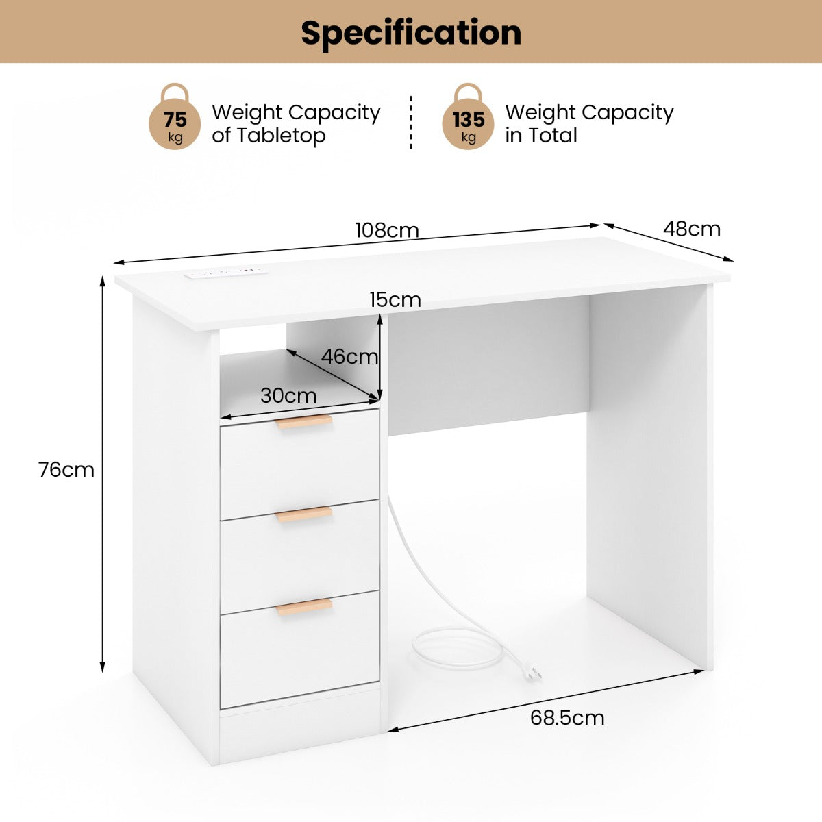 LIVSK Bureau met Geïntegreerd Oplaadstation - 3 Lades - Open Opbergplank - Tot 135 kg - Wit en goud