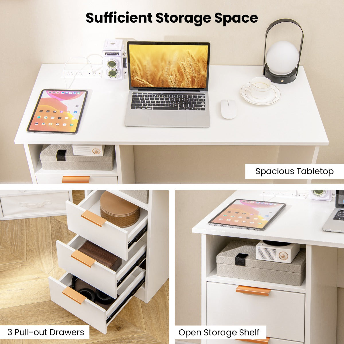 LIVSK Bureau met Geïntegreerd Oplaadstation - 3 Lades - Open Opbergplank - Tot 135 kg - Wit en goud