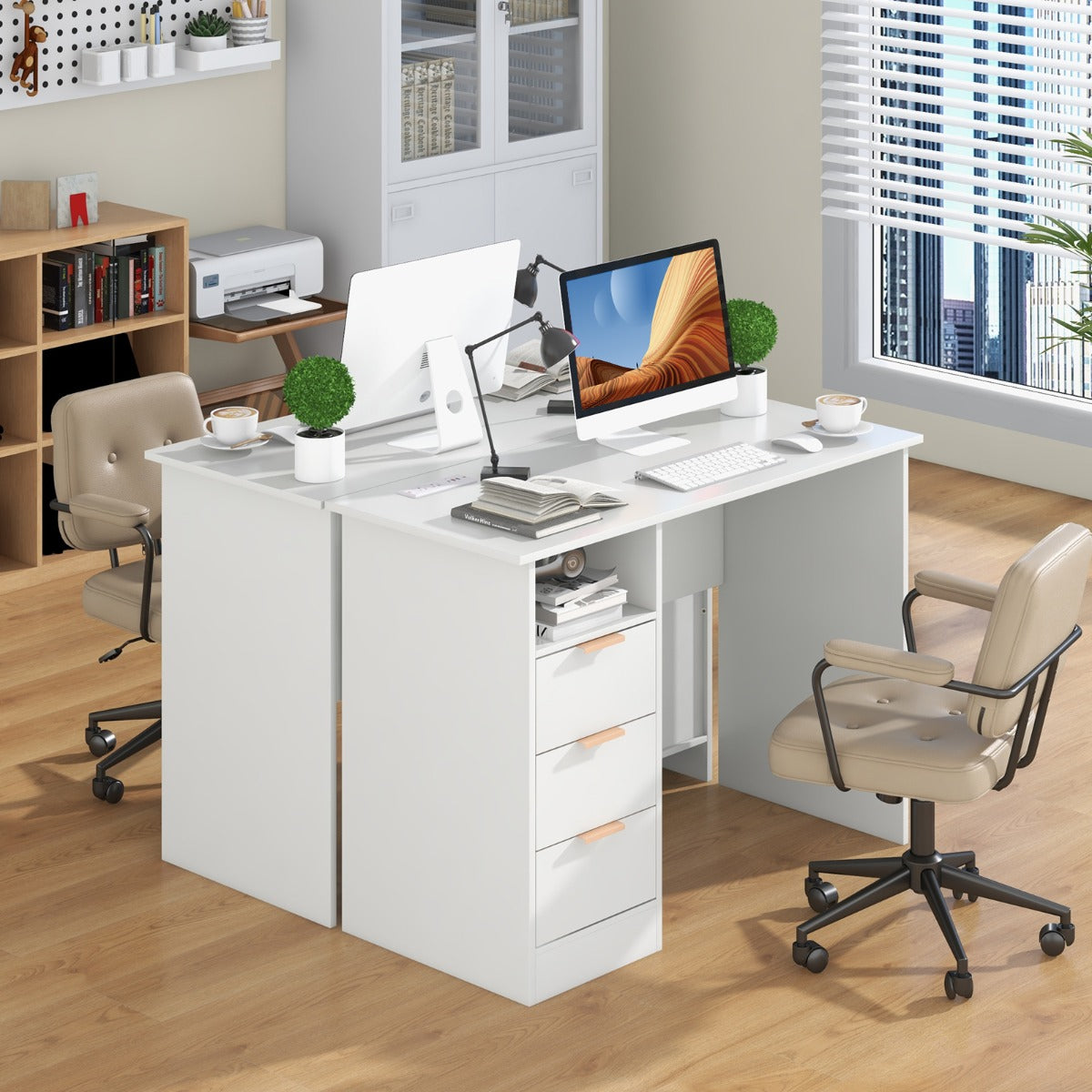 LIVSK Bureau met Geïntegreerd Oplaadstation - 3 Lades - Open Opbergplank - Tot 135 kg - Wit en goud