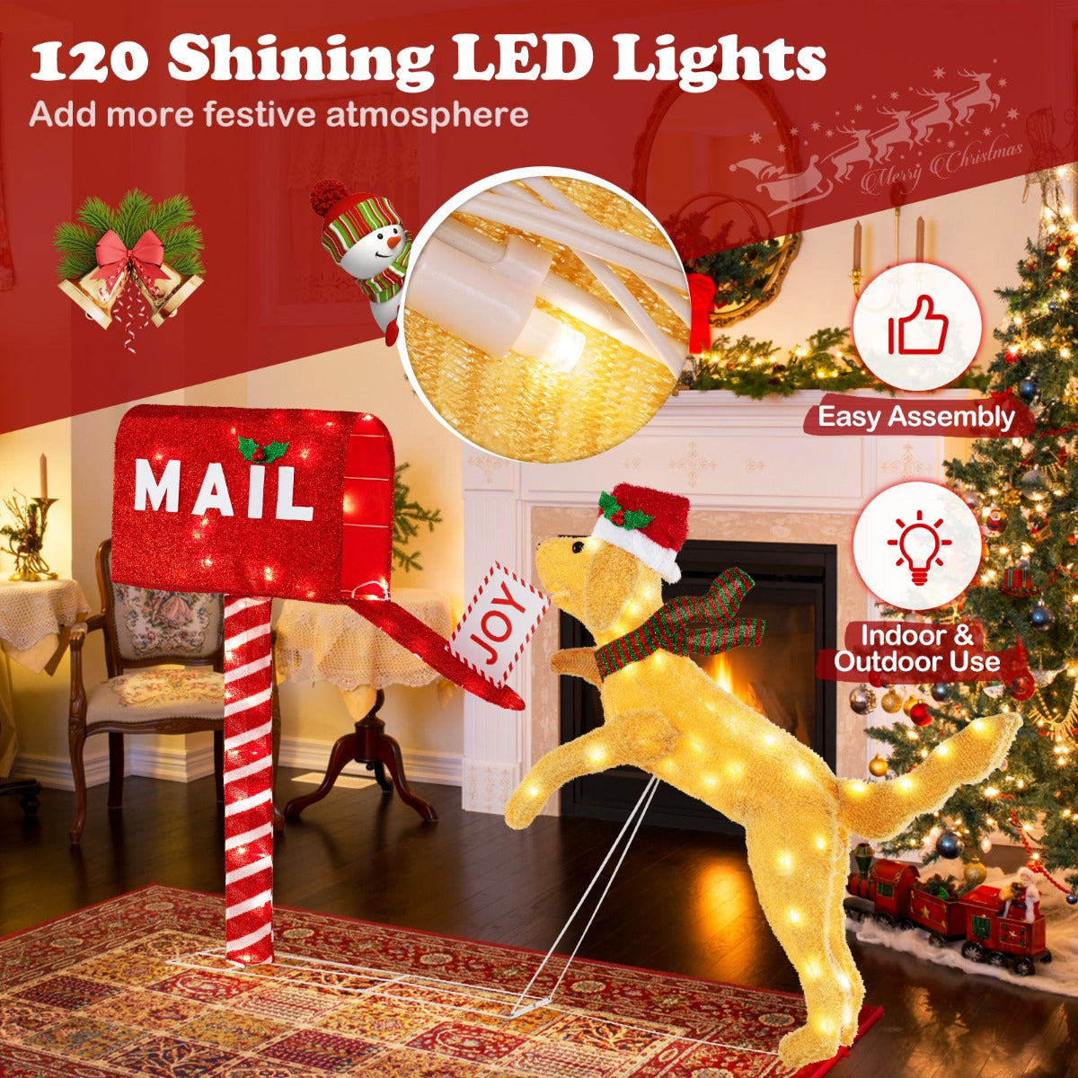 LIVSK Kerstbrievenbus en Hond Decoratie - 120 Warmwitte LED - lampen - Weerbestendig - Eenvoudige Installatie - Feestelijke Sfeer