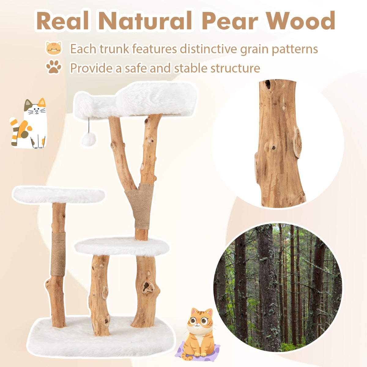 LIVSK Krabpaal van Natuurlijk Hout - Meerdere Niveaus - Jute Krabpalen - Pluche Speelbal - Tot 15 kg - Naturel + Wit