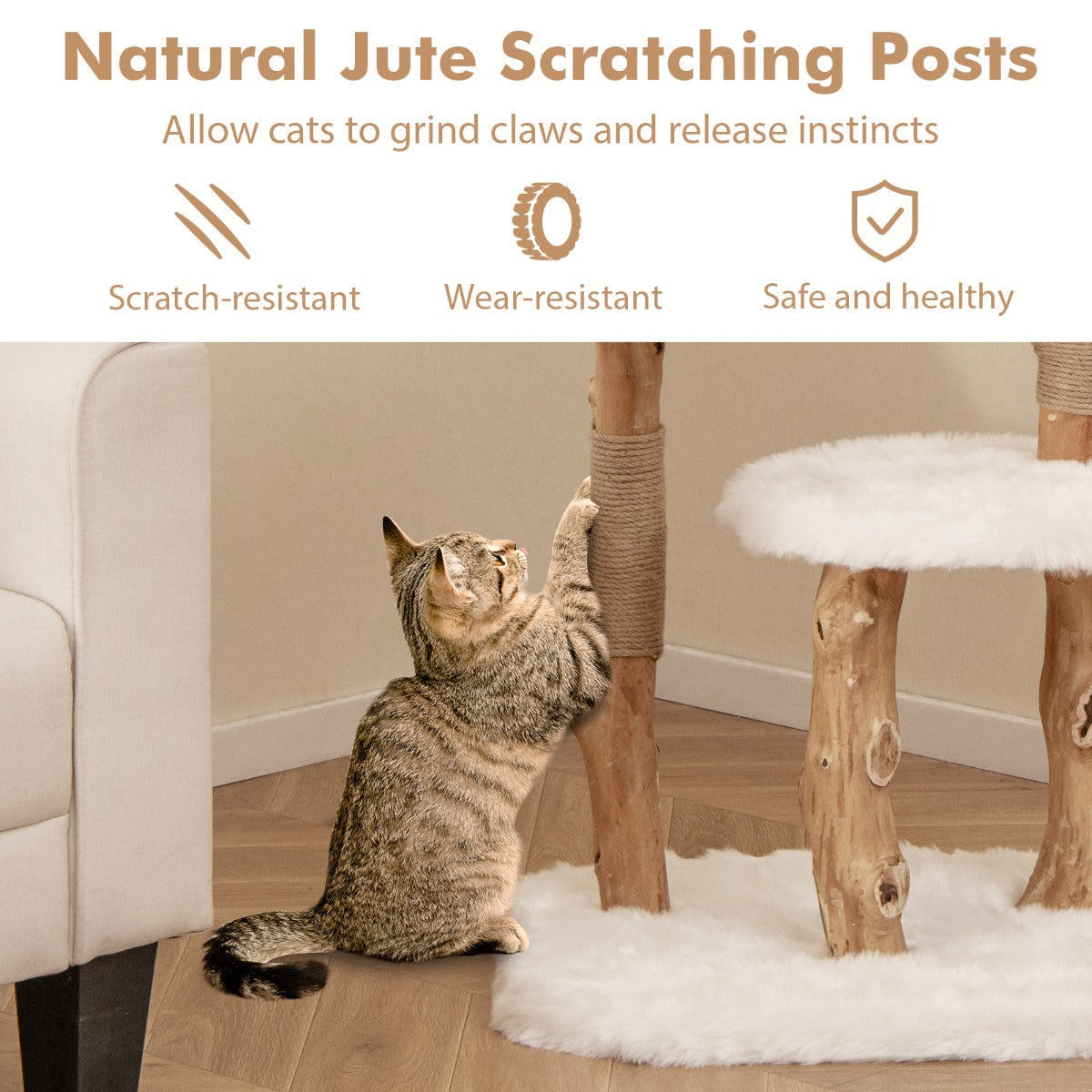 LIVSK Krabpaal van Natuurlijk Hout - Meerdere Niveaus - Jute Krabpalen - Pluche Speelbal - Tot 15 kg - Naturel + Wit