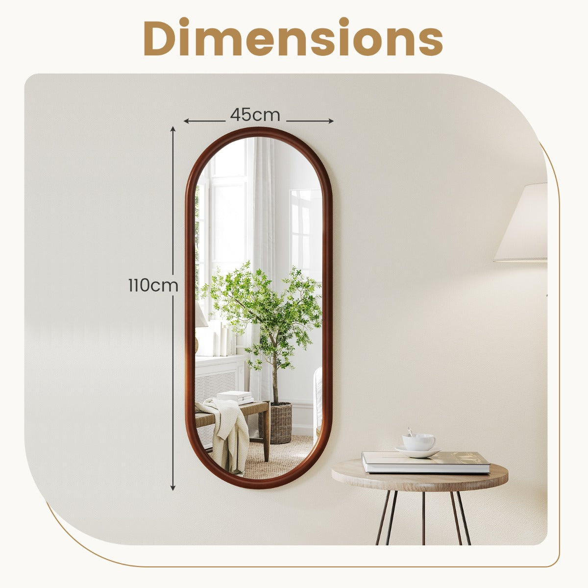 LIVSK Ovale Wandspiegel - Massief Houten Frame - Kristalhelder - Eenvoudige Montage - 110 x 45 cm - Walnoot