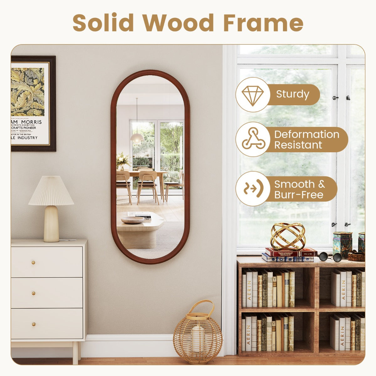 LIVSK Ovale Wandspiegel - Massief Houten Frame - Kristalhelder - Eenvoudige Montage - 110 x 45 cm - Walnoot