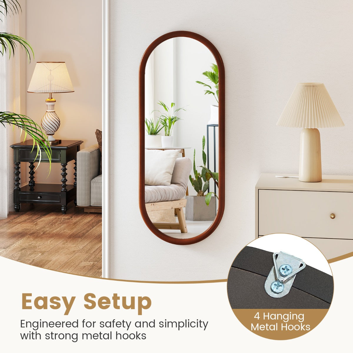 LIVSK Ovale Wandspiegel - Massief Houten Frame - Kristalhelder - Eenvoudige Montage - 110 x 45 cm - Walnoot