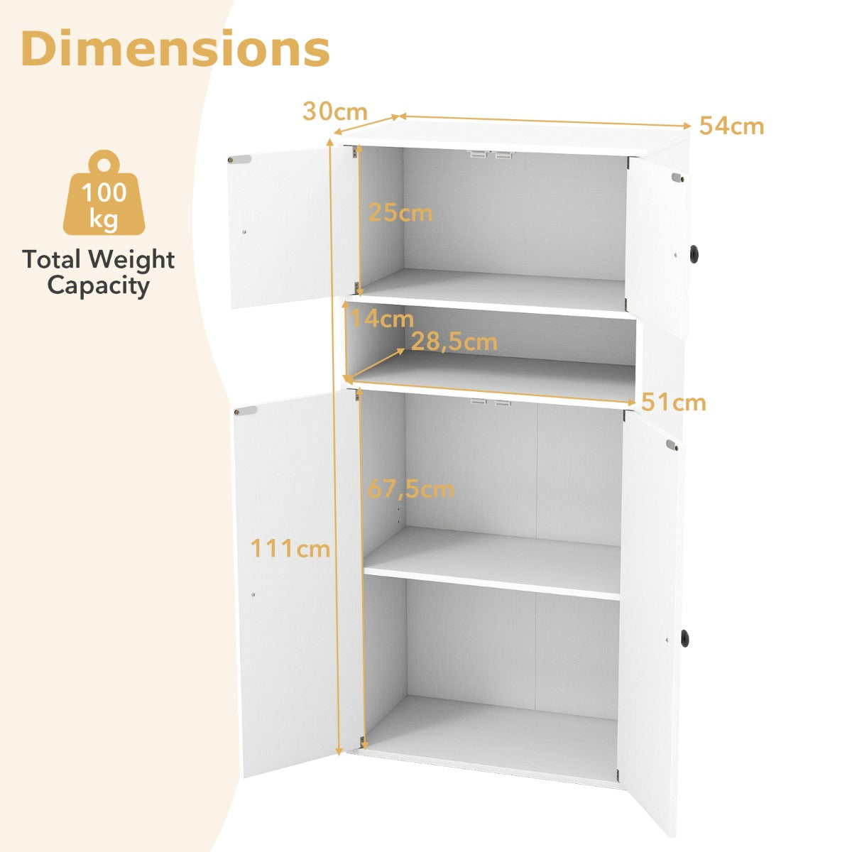 Livsk costway 111 cm hoge boekenkast met 4 deuren opbergorganizer met 4 verdiepingen en verstelbare planken wit 1 1