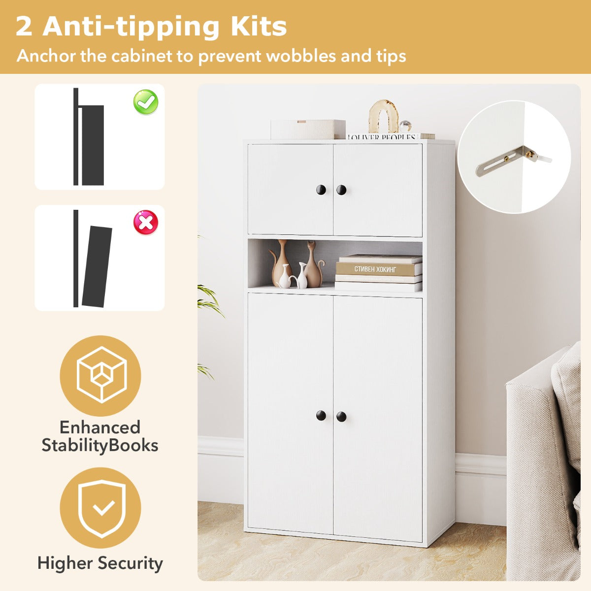 Livsk costway 111 cm hoge boekenkast met 4 deuren opbergorganizer met 4 verdiepingen en verstelbare planken wit 3