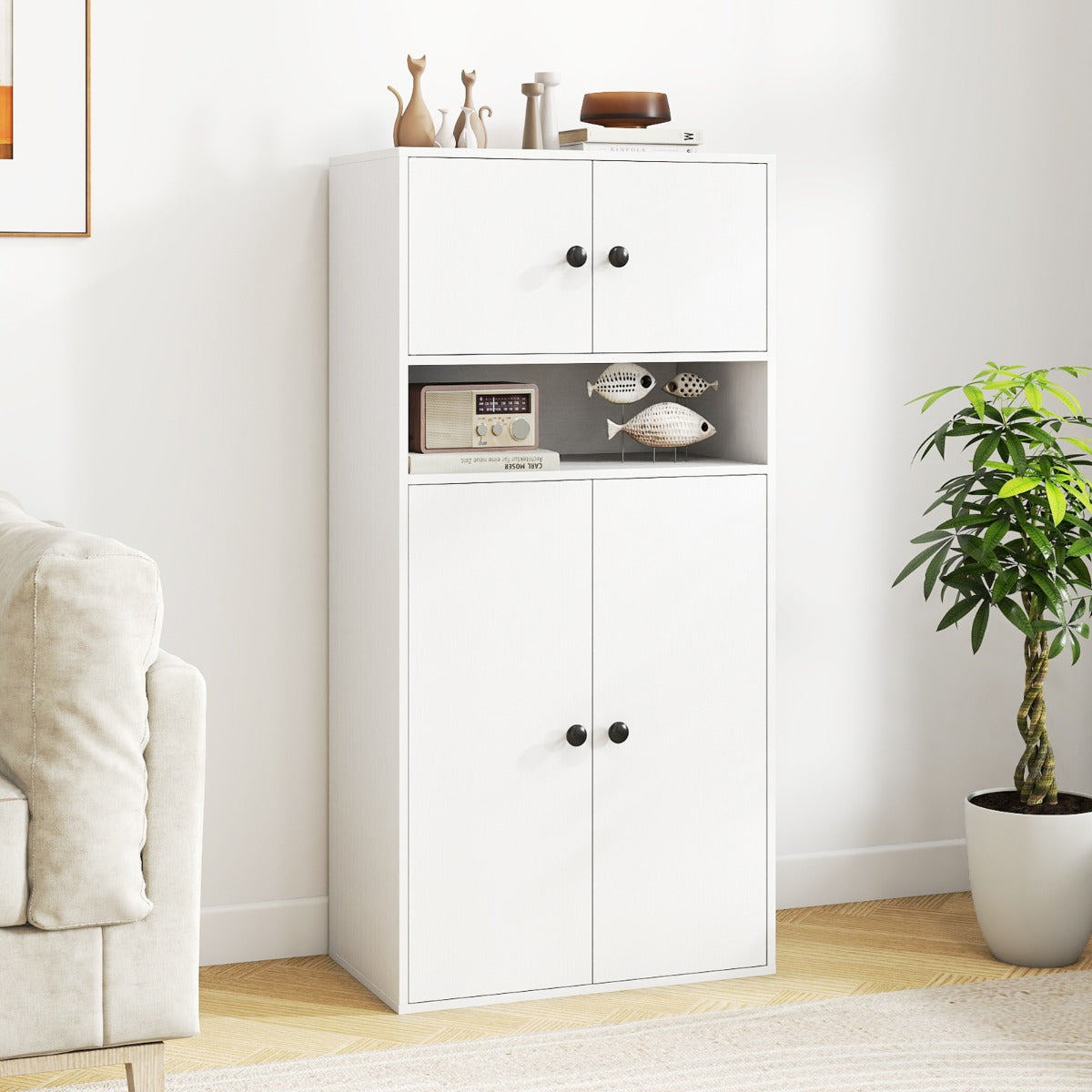 Livsk costway 111 cm hoge boekenkast met 4 deuren opbergorganizer met 4 verdiepingen en verstelbare planken wit 6