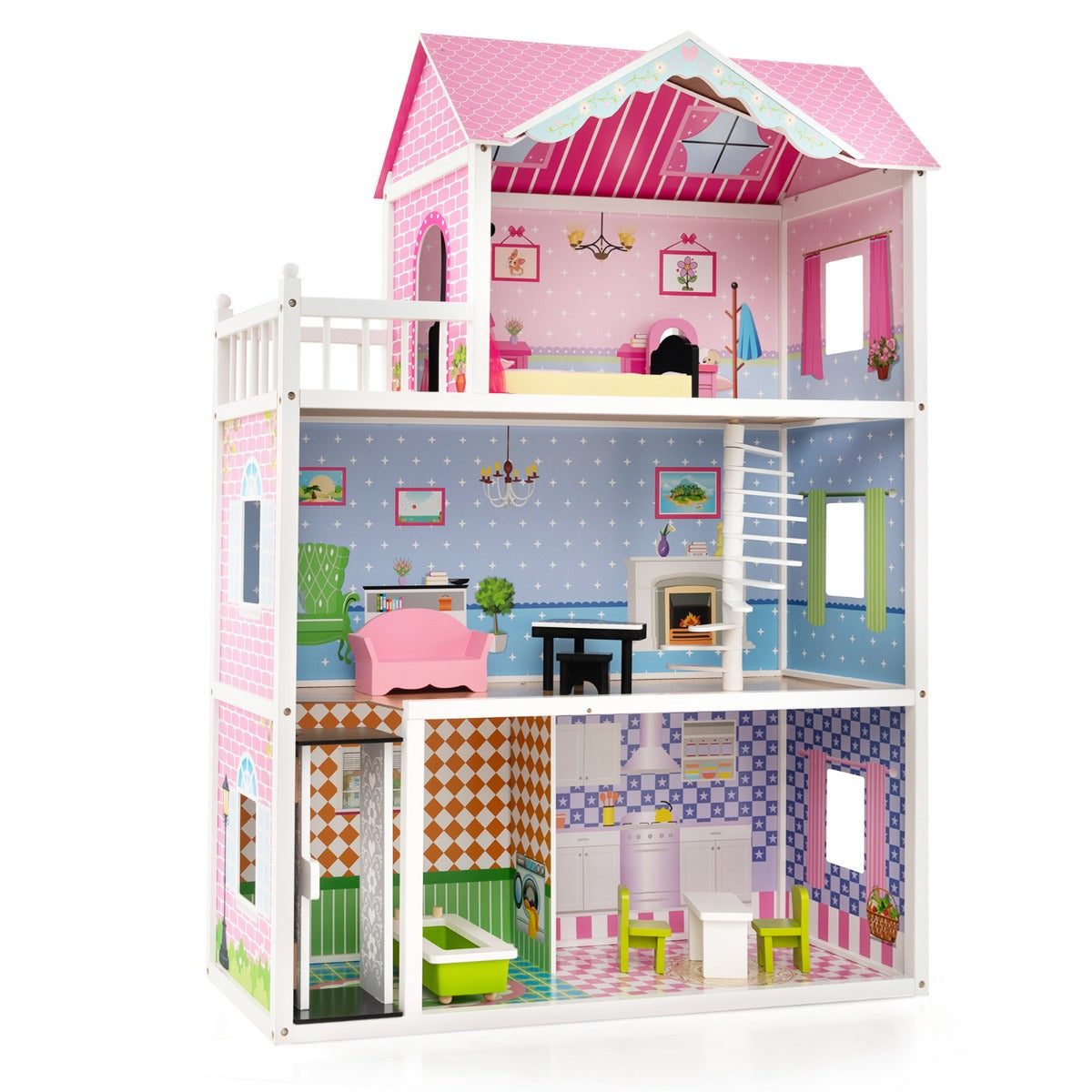 LIVSK Interactief Poppenhuis - 3 Verdiepingen met Lift en Trap - 10 Minimeubels - Massief Hout - Voor Kinderen 3+ - Roze