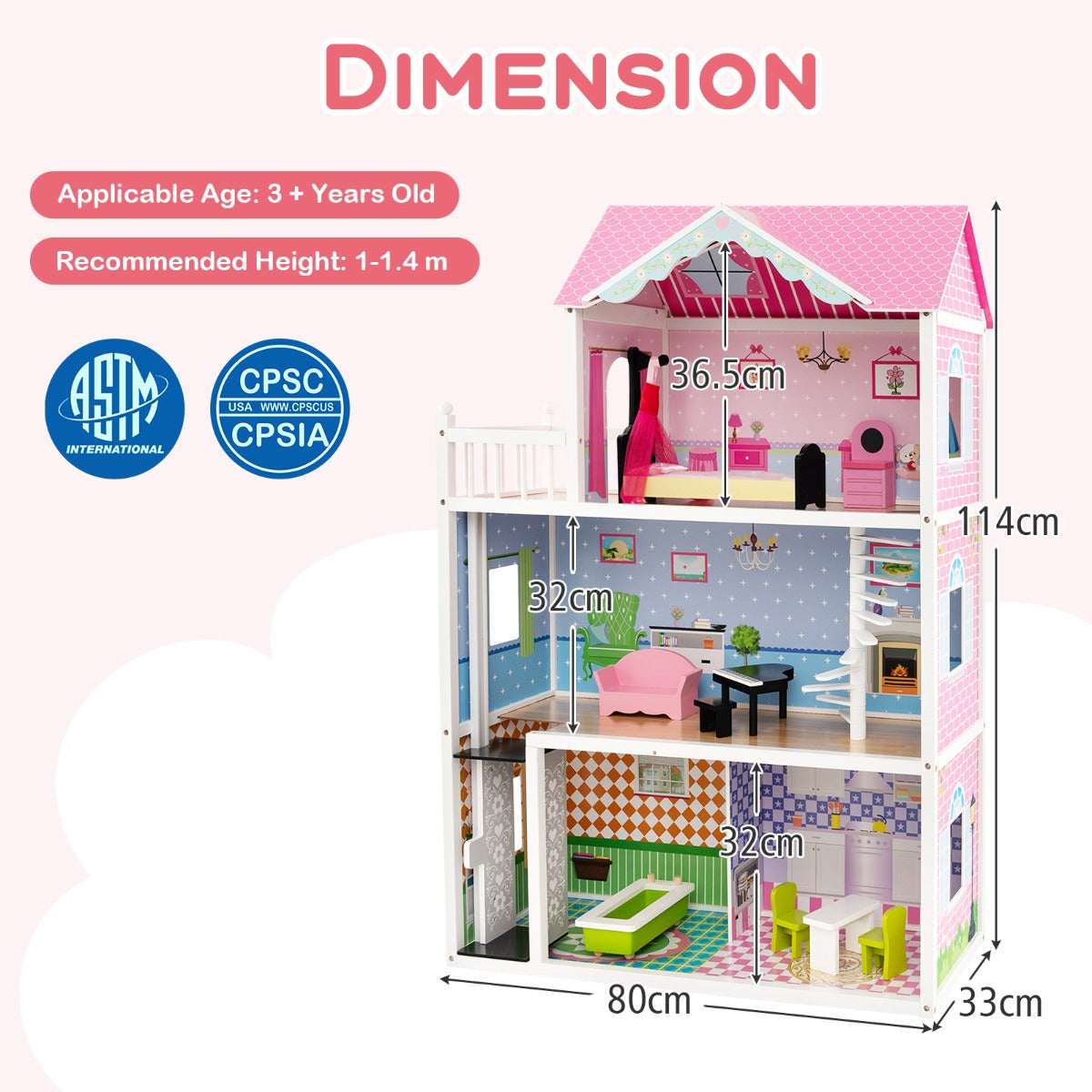 LIVSK Interactief Poppenhuis - 3 Verdiepingen met Lift en Trap - 10 Minimeubels - Massief Hout - Voor Kinderen 3+ - Roze