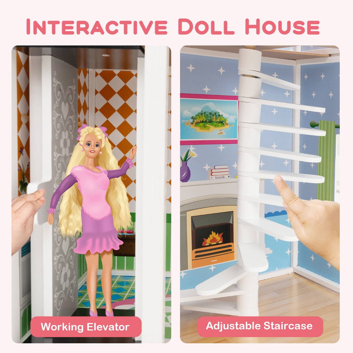 LIVSK Interactief Poppenhuis - 3 Verdiepingen met Lift en Trap - 10 Minimeubels - Massief Hout - Voor Kinderen 3+ - Roze