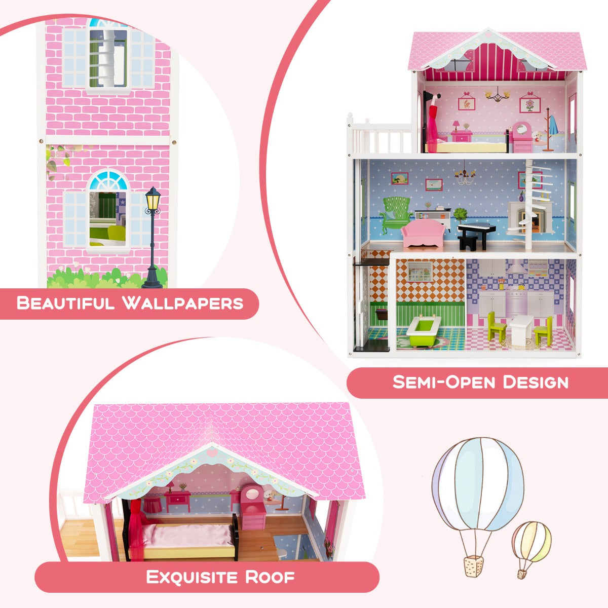 LIVSK Interactief Poppenhuis - 3 Verdiepingen met Lift en Trap - 10 Minimeubels - Massief Hout - Voor Kinderen 3+ - Roze