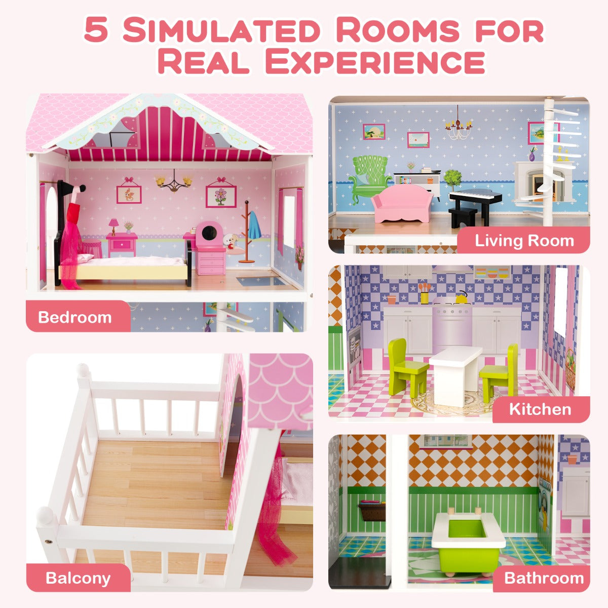 LIVSK Interactief Poppenhuis - 3 Verdiepingen met Lift en Trap - 10 Minimeubels - Massief Hout - Voor Kinderen 3+ - Roze