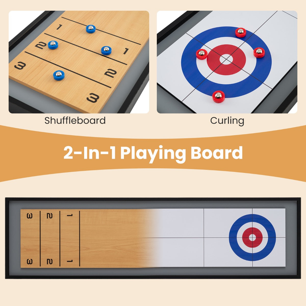 Livsk costway 114 cm tafel shuffleboard curling 2 in 1 bordspel met 8 schijven draagbare houten shuffleboard curling combiset 4