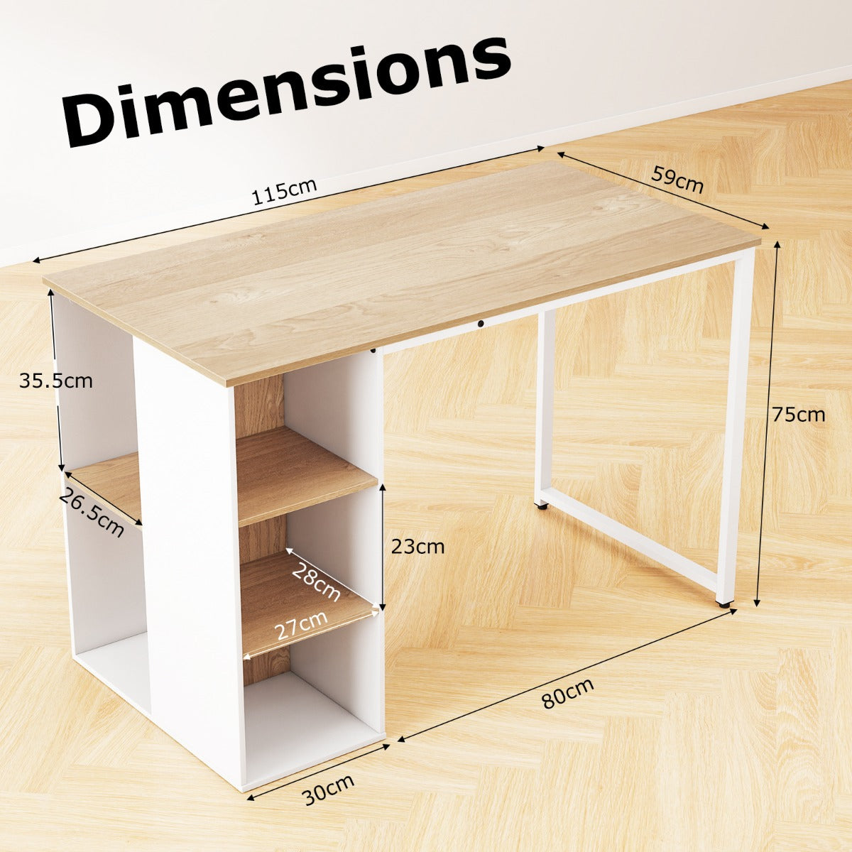 Livsk costway 115 cm computertafel modern thuiskantoor met 5 opbergvakken bureau voor pc werkplek naturel wit 2 2