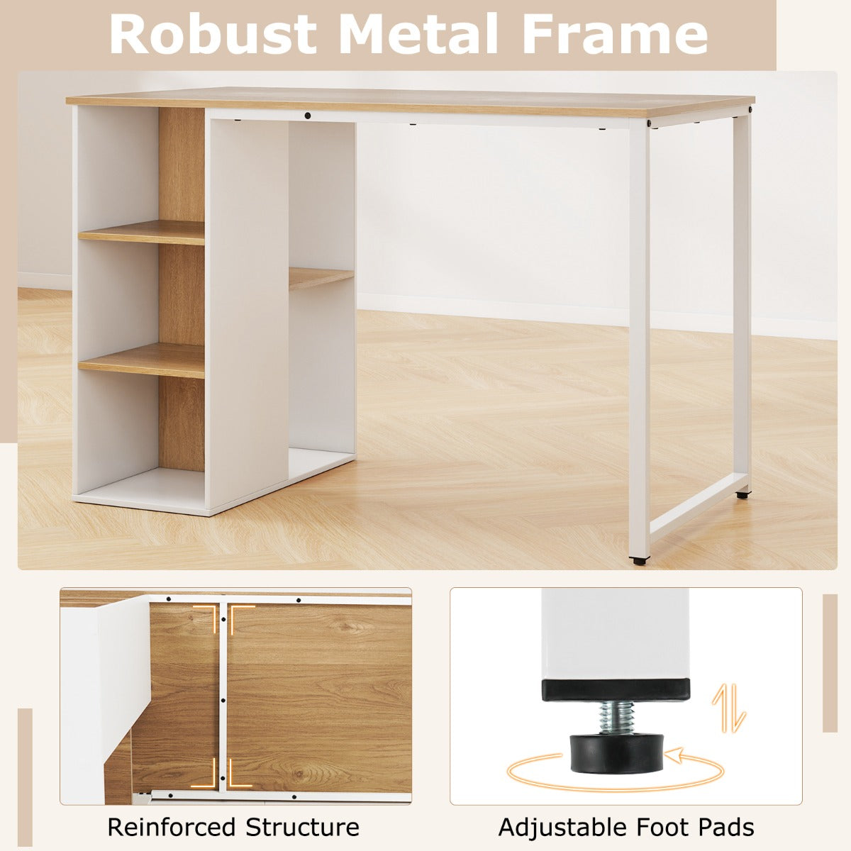 Livsk costway 115 cm computertafel modern thuiskantoor met 5 opbergvakken bureau voor pc werkplek naturel wit 4 2