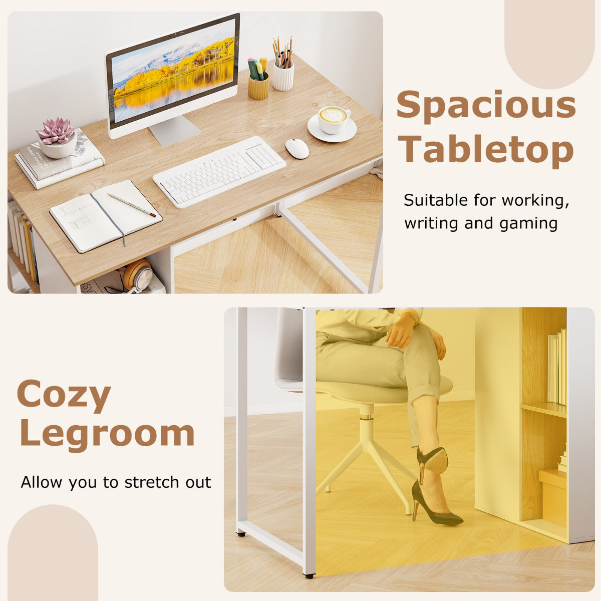 Livsk costway 115 cm computertafel modern thuiskantoor met 5 opbergvakken bureau voor pc werkplek naturel wit 5 2