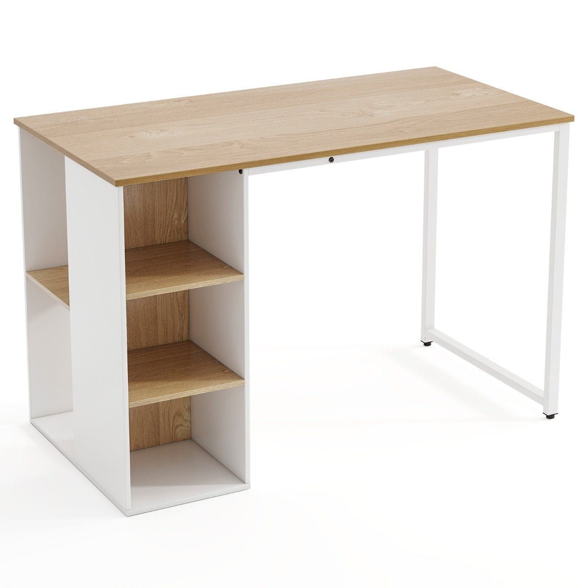 Livsk costway 115 cm computertafel modern thuiskantoor met 5 opbergvakken bureau voor pc werkplek naturel wit 7