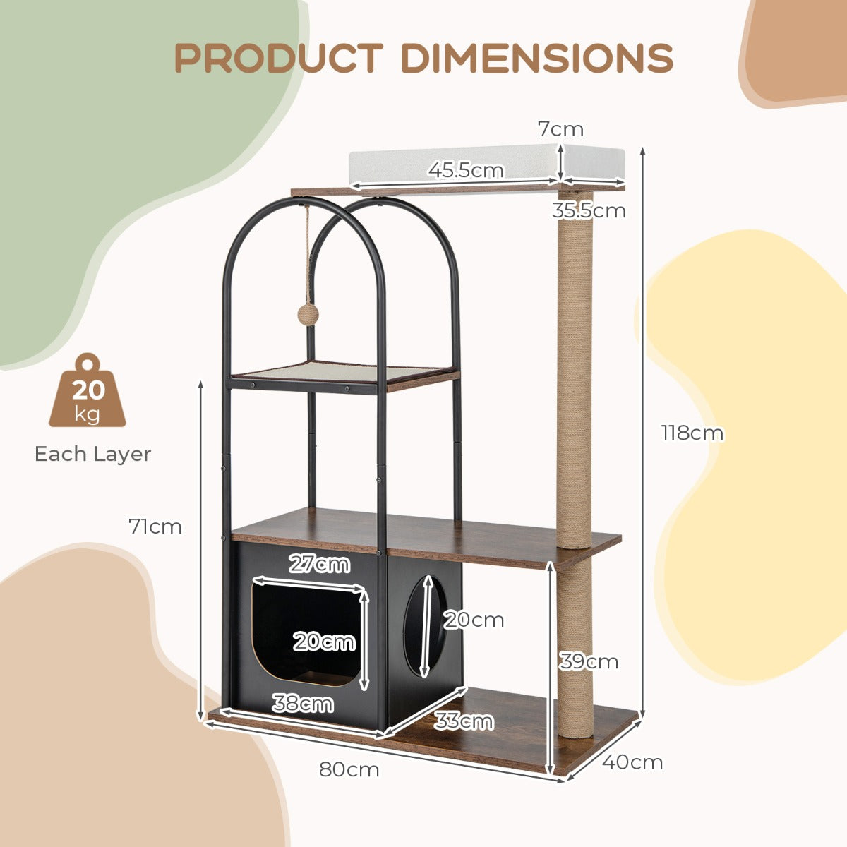 LIVSK Kattenboom - Comfortabel Bovenste Platform - Jute Krabplank en Hangende Bal - Stevig Metalen Frame - 80 x 40 x 118 cm -