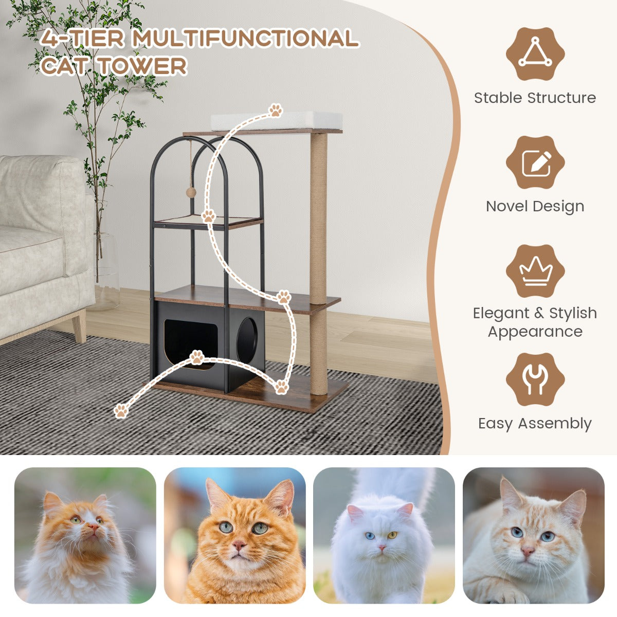 LIVSK Kattenboom - Comfortabel Bovenste Platform - Jute Krabplank en Hangende Bal - Stevig Metalen Frame - 80 x 40 x 118 cm -