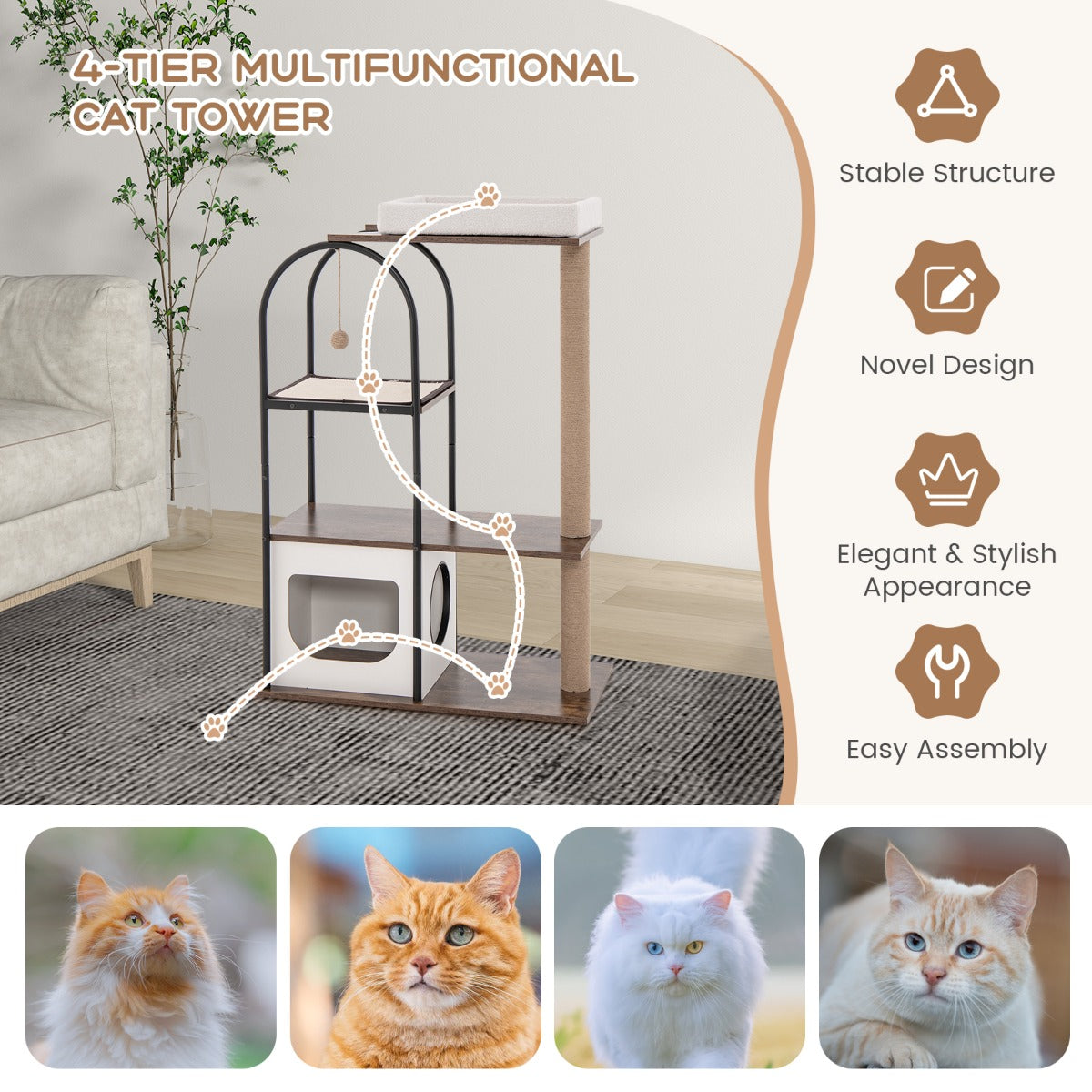 LIVSK Kattentoren - Meerdere Rust- en Speelplekken - Stevige Jute Touwpalen - Comfortabel Pluche Bed - 80 x 40 x 118 cm - Bruin +