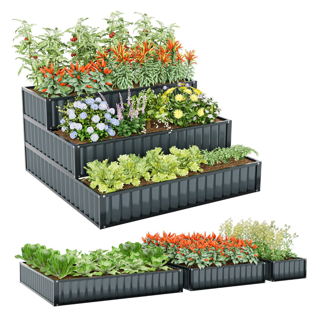 LIVSK Verhoogd Tuinbed met 3 Niveaus - Stevig en Roestbestendig - Open Bodem voor Optimale Afwatering - Eenvoudige Montage - 118